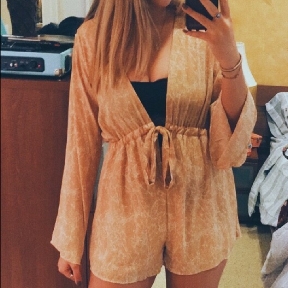 AUDREY3+1 Yellow Patterned Deep V Front Tie Romper